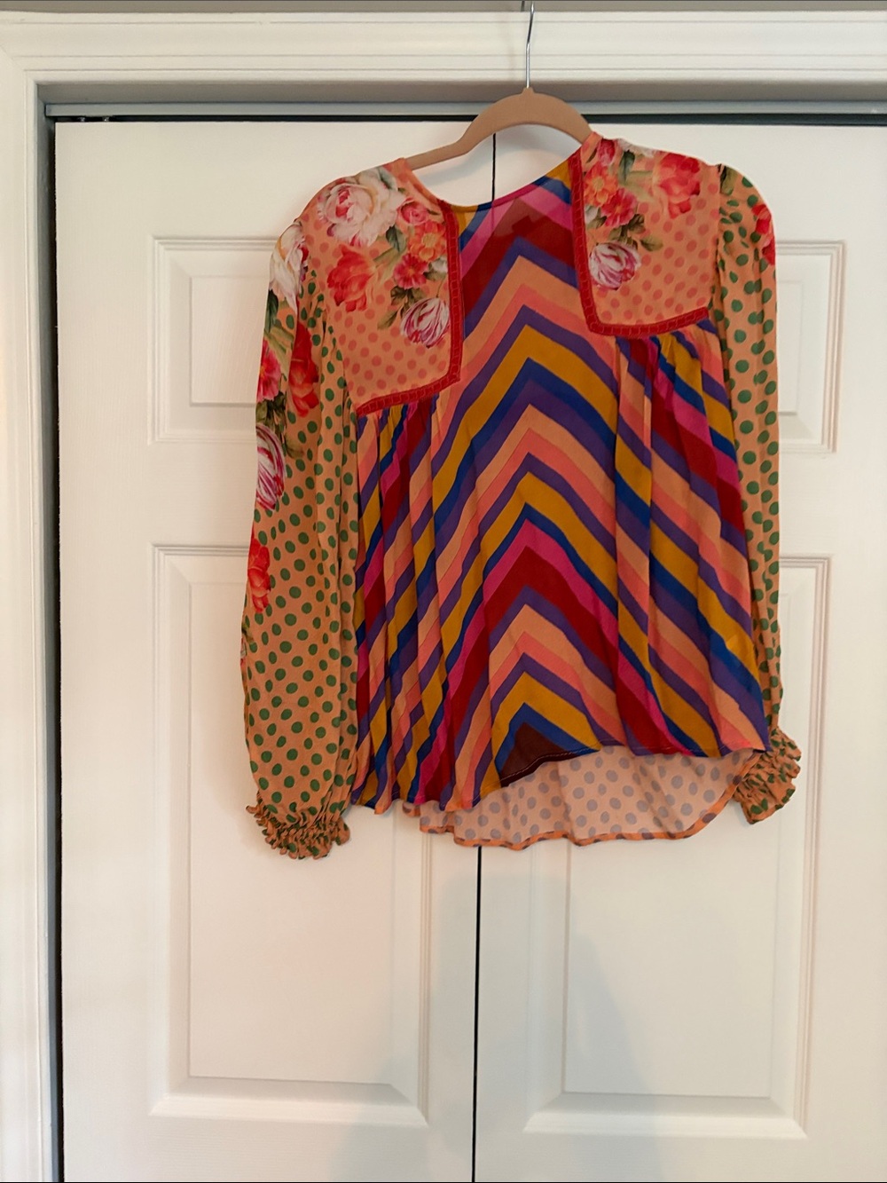 Multicolor Chevron & Floral Long-Sleeve Blouse in Peach